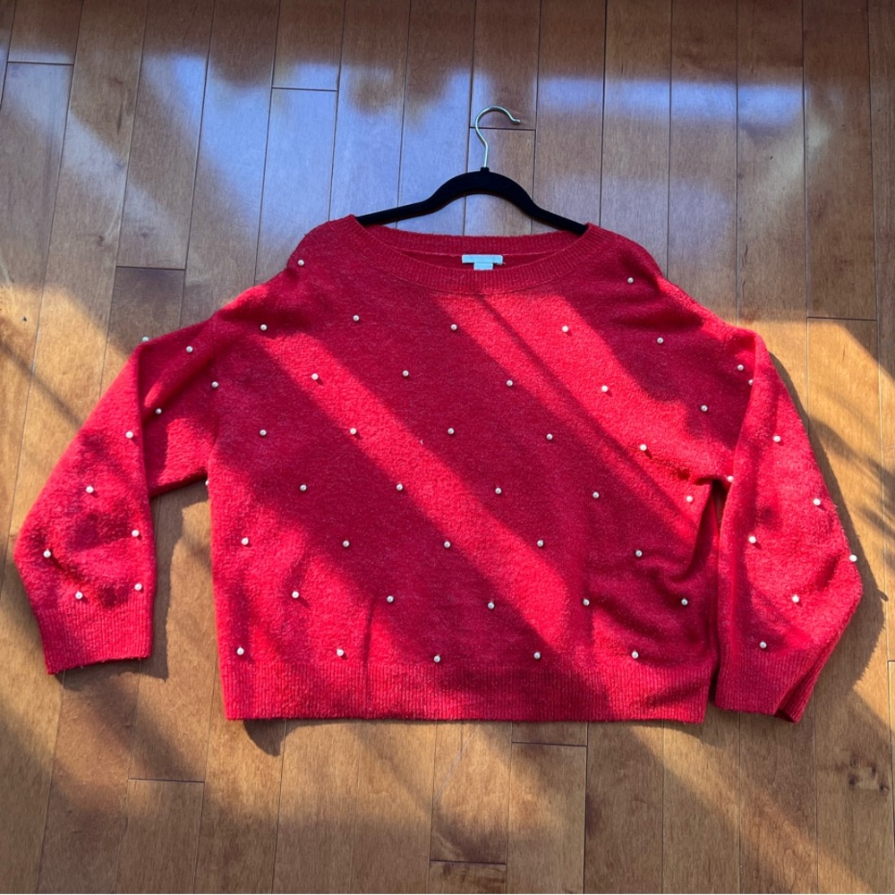 Red Sweater with Pearl Accents